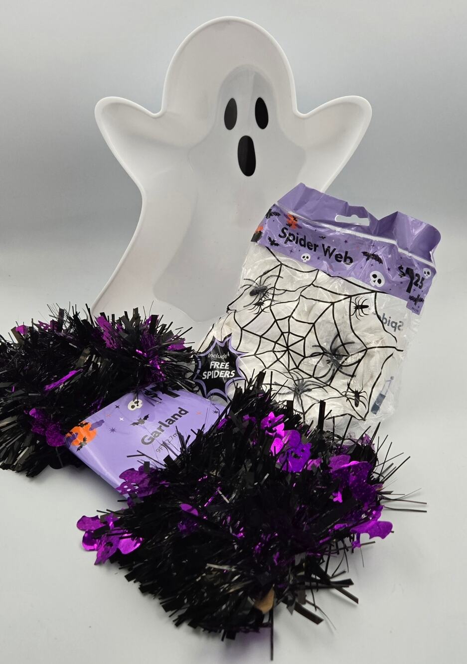 Lot of Ghost Bowl, Garland, and Spiderwebs with Spiders for Halloween or Fall